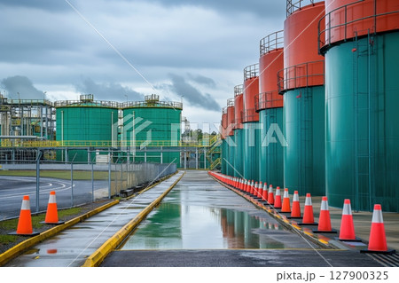 Rows of towering chemical storage tanks dominate the landscape of an industrial plant, showcasing the scale of modern chemical processing 127900325