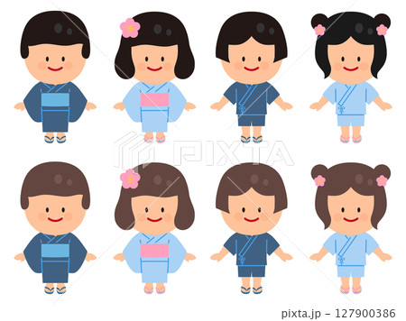 浴衣と甚平を着た人物イラストセット 浴衣と甚平を着た人物イラストセット 127900386