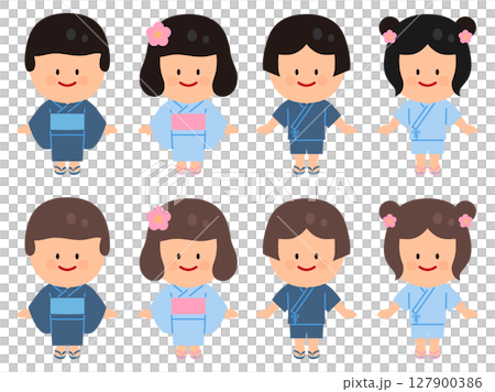 一組穿著浴衣和甚平的人物插圖 一組穿著浴衣和甚平的人物插圖 127900386