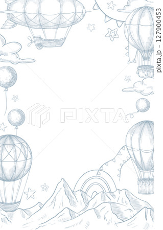 Vertical vector frame with airships, mountains, garlands, and clouds in engraved style. Linear drawing with hot air balloons for nursery cards or posters. Art for baby shower greetings and invitations Vertical vector frame with airships, mountains, garlands, and clouds in engraved style. Linear drawing with hot air balloons for nursery cards or posters. Art for baby shower greetings and invitations 127900453