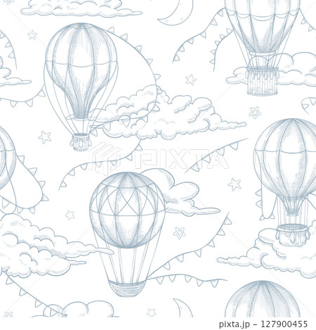 Seamless vector Pattern with hand drawn aerostats and clouds in linear style. Outline drawing of background with hot air Balloons for nursery wallpaper or childish textile design. Etched illustration. 127900455