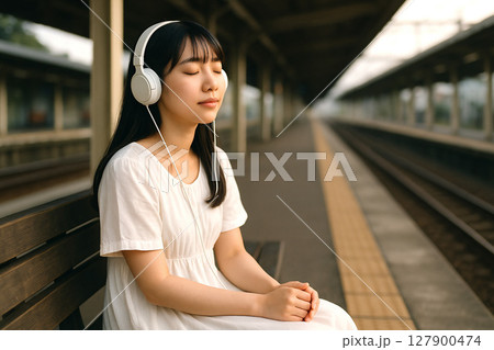 音楽を聴く少女 127900474