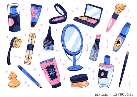 Set of cosmetic and makeup icon. Vector visage or face professional accessory for woman fashion. Beauty and facial skincare kit item. Lipstick and eyeliner, mascara, powder, mirror, bronzer, lipstick. 127900515