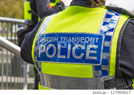 Close Up of British Transport Police Officer High Vis Vest 127900627