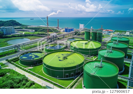 Aerial view of a modern petrochemical plant using algae for biofuel production Aerial view of a modern petrochemical plant using algae for biofuel production 127900657