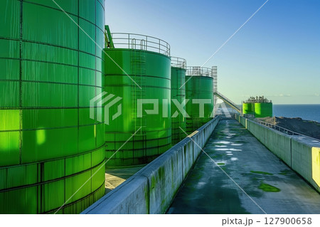 Green industrial tanks filled with biofuel blend seamlessly with the environment at a coastal refinery, symbolizing sustainable energy production 127900658