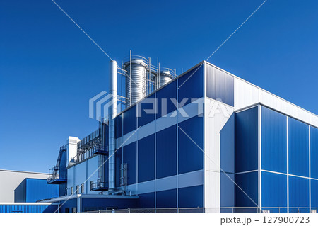 Futuristic industrial building of a modern zinc refinery with a blue sky in the background 127900723