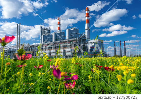 Modern gas power plant is generating electricity near a blooming summer meadow on a sunny day 127900725
