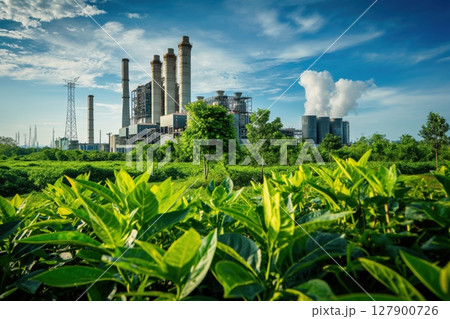 Gas power plant is emitting smoke near a green tea plantation, illustrating the impact of industry on the environment 127900726