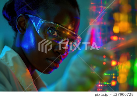 Scientist is working in a laboratory, wearing safety glasses and holding a beaker with a multicolored liquid chemical substance 127900729