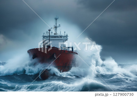 Large oil tanker is sailing on a stormy sea with big waves crashing against its hull 127900730