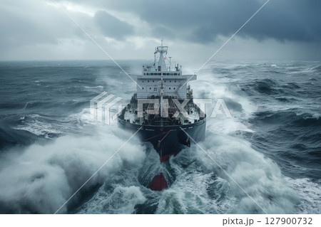 Large cargo ship is sailing through a heavy storm on a dark cloudy day, with big waves crashing around it 127900732