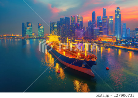 Large oil tanker is docked in an industrial port with the city skyline of singapore in the background at sunset 127900733