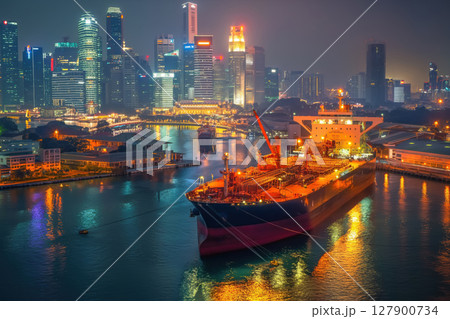Large oil tanker illuminated at night docked in a busy port with the city skyline in the background 127900734