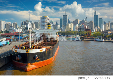 Large oil tanker docked in an industrial port, with the city skyline of buenos aires, argentina in the background on a sunny day 127900735