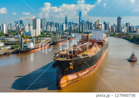 Giant oil tanker docked at an industrial port, undergoing loading or unloading operations, with a bustling city skyline in the background 127900736