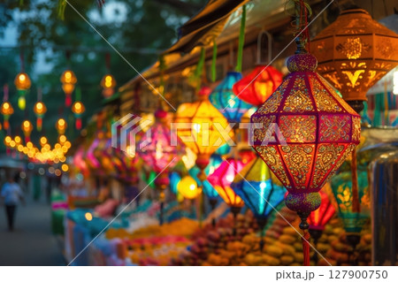 Colorful lanterns illuminating a diwali market scene with stalls selling traditional goods at night 127900750