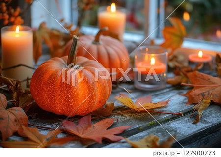 Pumpkins and lit candles are standing on a windowsill, creating a cozy autumn atmosphere 127900773
