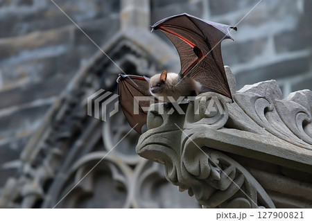 Brown bat is stretching its wings while perched on a gothic gargoyle sculpture on a building 127900821