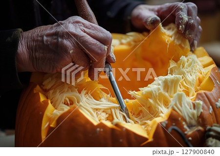 Farmer is carving a pumpkin with a tool to remove the inside for a halloween decoration 127900840