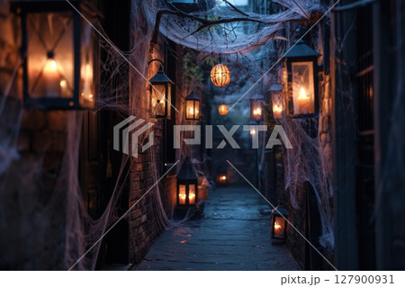 Lanterns illuminating a narrow alley decorated with cobwebs for a spooky halloween party 127900931