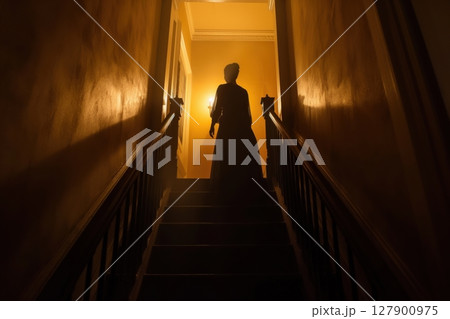 Woman in a long dress walks gracefully up creaky stairs in a spooky old house, creating a mysterious and eerie atmosphere perfect for halloween or a thrilling ghost story 127900975
