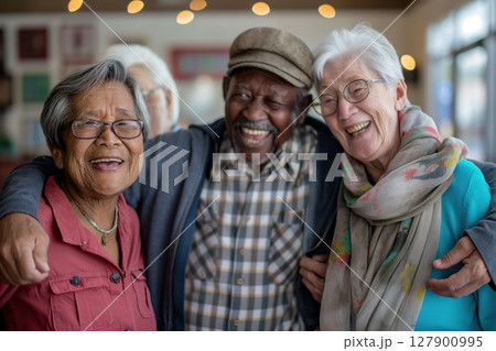 Group of multiethnic senior friends is smiling and having a good time together at the retirement home 127900995