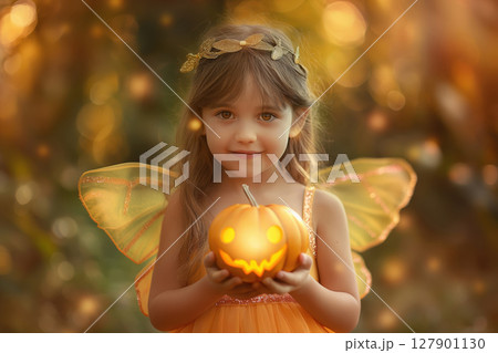 Young girl wearing a fairy costume holding an illuminated jack o lantern in an autumnal forest setting 127901130