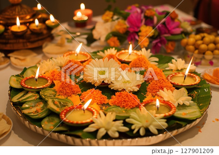 Diwali festival thali decorated with colorful flowers and burning diyas on a blurred background 127901209