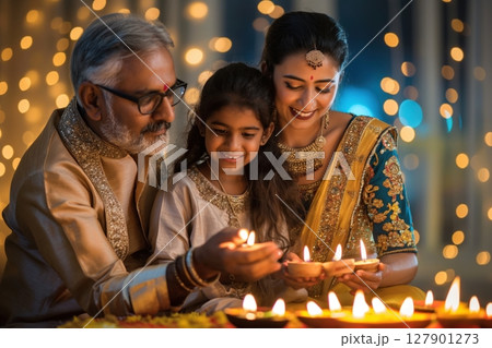 Indian family wearing traditional clothes celebrating diwali festival by lighting clay lamps together at home 127901273