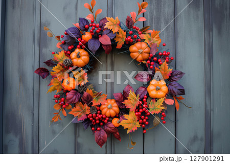 Autumn wreath with pumpkins and leaves hangs on a rustic door, bringing fall charm with warm colors and natural elements. Perfect for celebrating the harvest season at any front entrance 127901291