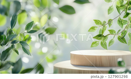wooden podium is beautifully displayed amidst lush summer backdrop of green leaves and soft sunlight, creating serene and natural atmosphere. wooden podium is beautifully displayed amidst lush summer backdrop of green leaves and soft sunlight, creating serene and natural atmosphere. 127901298