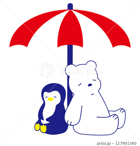 イラスト素材　ビーチパラソルで休むシロクマとペンギン 127901360