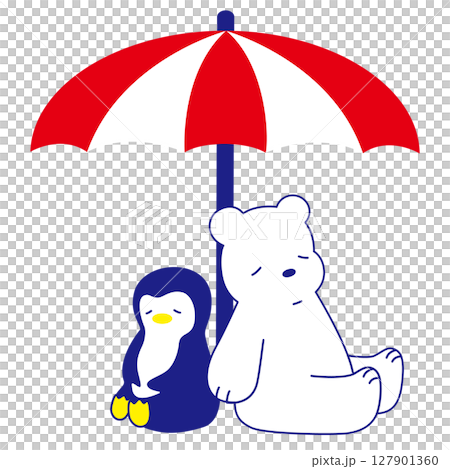 イラスト素材　ビーチパラソルで休むシロクマとペンギン 127901360