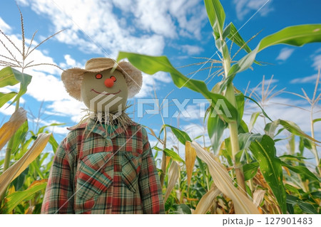 Scarecrow guards a cornfield under the autumn sun, symbolizing sustainable farming practices and ensuring a bountiful harvest 127901483