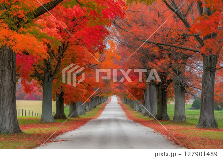 Long country road disappearing into the distance with red maple trees lining both sides on a beautiful autumn day Long country road disappearing into the distance with red maple trees lining both sides on a beautiful autumn day 127901489