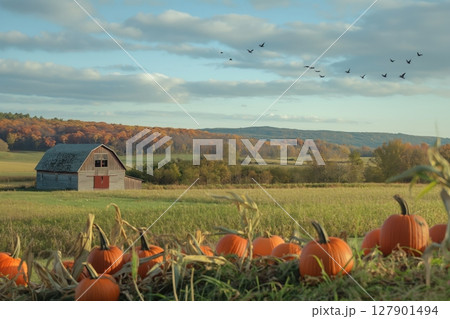 Pumpkins growing in a field with a barn and flock of birds flying overhead in autumn 127901494