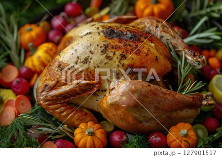 Golden brown roasted turkey is lying on a platter and surrounded by colorful vegetables, herbs and pumpkins for a traditional thanksgiving dinner 127901517