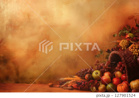 Rustic thanksgiving background featuring a wicker cornucopia overflowing with fresh fruits and vegetables on a wooden table 127901524