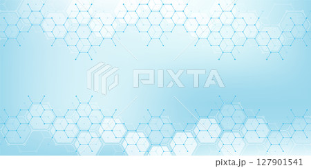 Health care or medical abstract background with hexagons, lines and dots. Scientific innovation banner template concept. Biology and pharmaceutical technology background. Vector illustration. Health care or medical abstract background with hexagons, lines and dots. Scientific innovation banner template concept. Biology and pharmaceutical technology background. Vector illustration. 127901541