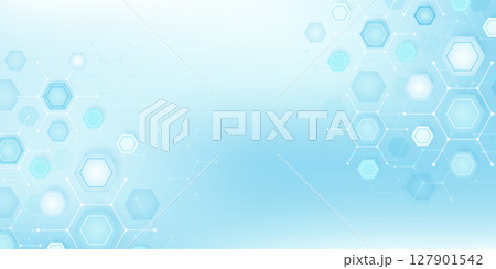 Health care or medical abstract background with hexagons, lines and dots. Scientific innovation banner template concept. Biology and pharmaceutical technology background. Vector illustration. 127901542