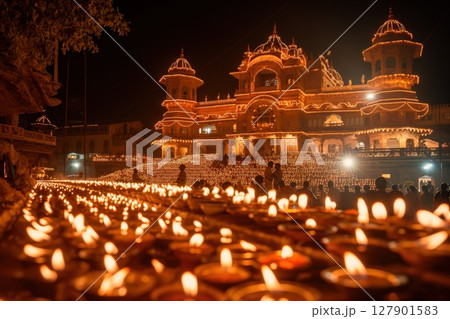 Crowd is attending a religious ceremony in front of an illuminated palace at night, with lit candles in the foreground creating a warm glow Crowd is attending a religious ceremony in front of an illuminated palace at night, with lit candles in the foreground creating a warm glow 127901583