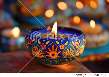 Burning colorful diya with a beautiful bokeh background celebrating diwali, the festival of lights 127901584
