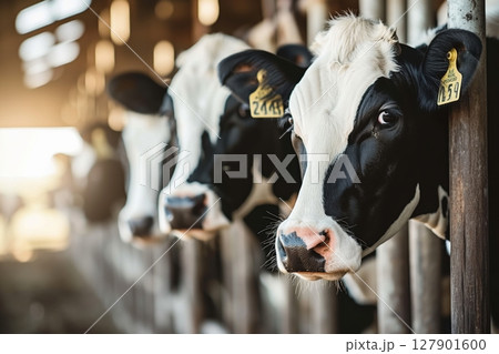 Black and white dairy cows standing in a row in a barn, looking through the fence 127901600