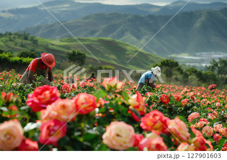 Two farmers tending to colorful roses growing in rows in a field with mountains in the background 127901603
