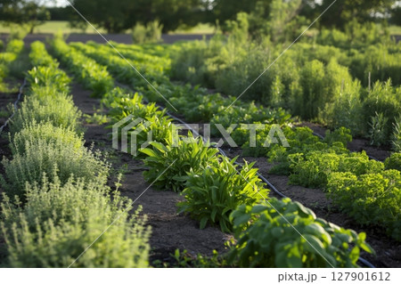 Rows of fresh herbs growing on a farm are being watered by an irrigation system 127901612