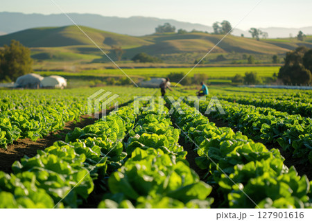 Rows of fresh green lettuce growing on a farm with farm workers harvesting in the background 127901616