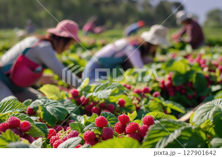 Farmers picking ripe organic raspberries in a sunny field, showcasing agriculture in action. Vibrant red berries contrast with green leaves, capturing the essence of rural farming 127901642