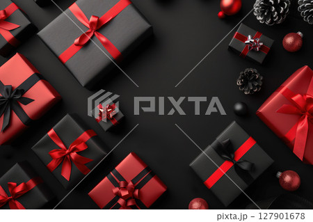 Christmas composition featuring black and red gift boxes with ribbons on a black background, creating a luxurious and festive holiday atmosphere 127901678