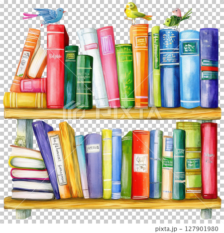 Bookshelf filled with books watercolor PNG clipart isolated on white background. 127901980
